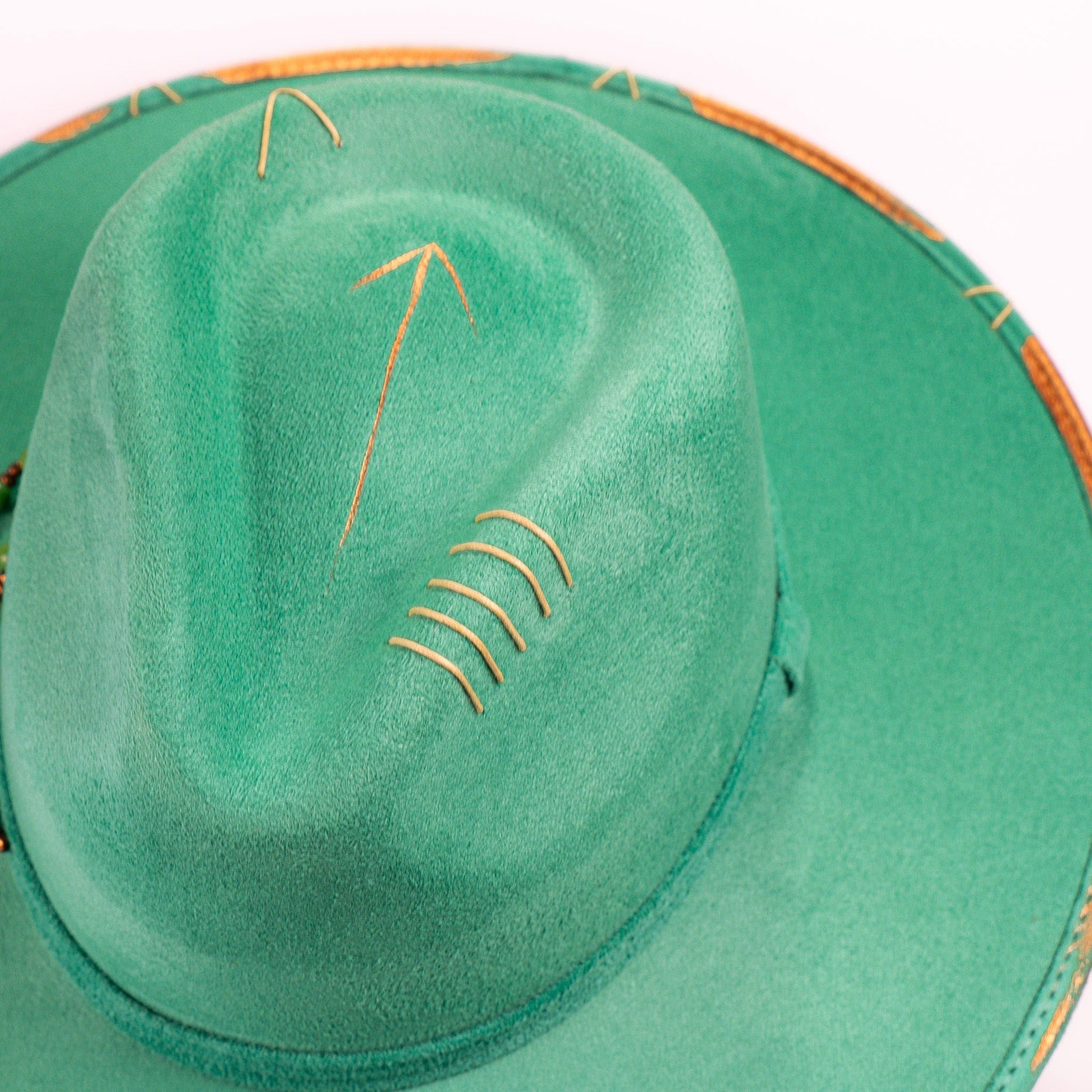 Aukala Hat Handcrafted Boho Itzel Hat – Green Suede Fedora with Gold Arrow & Beaded Accents