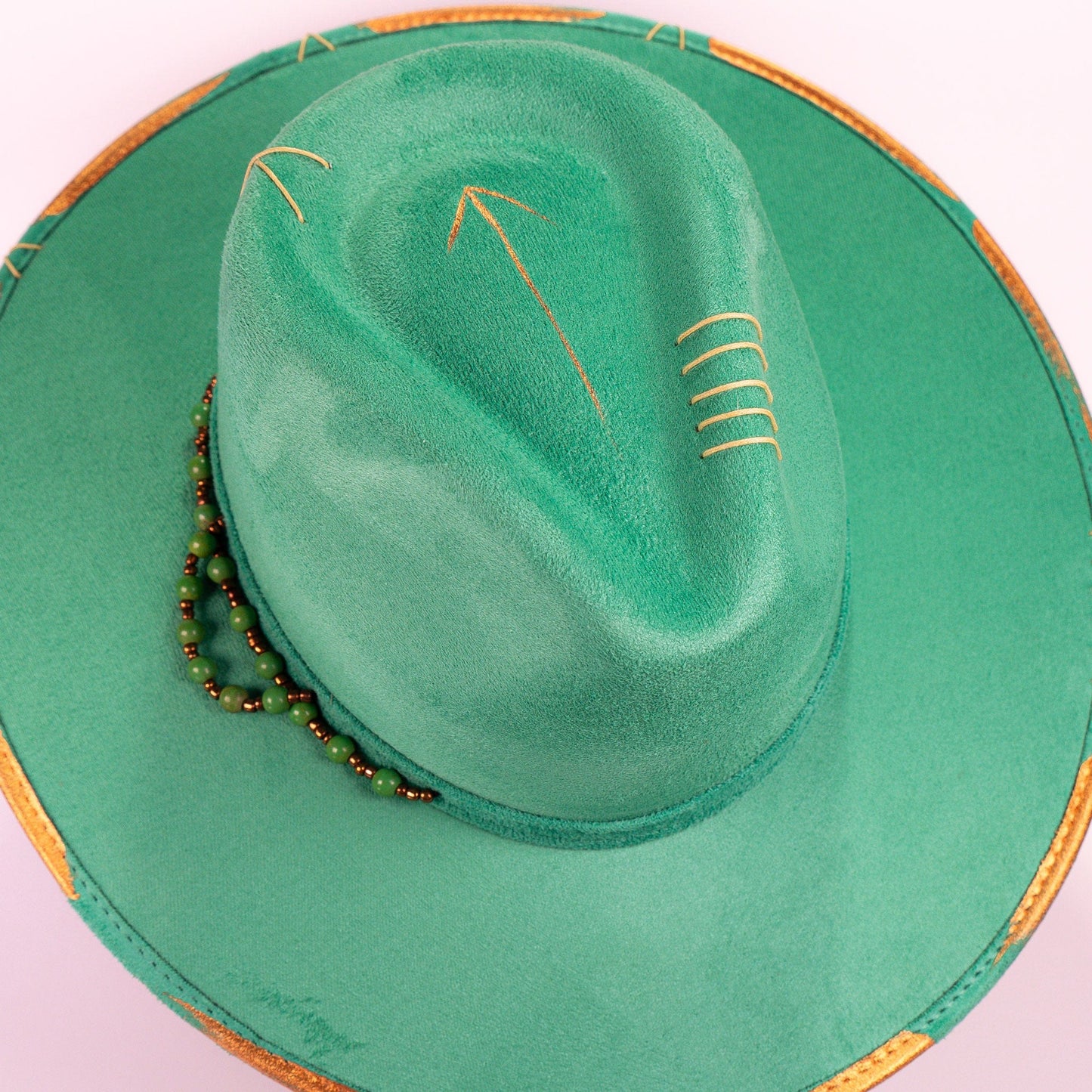 Aukala Hat Handcrafted Boho Itzel Hat – Green Suede Fedora with Gold Arrow & Beaded Accents