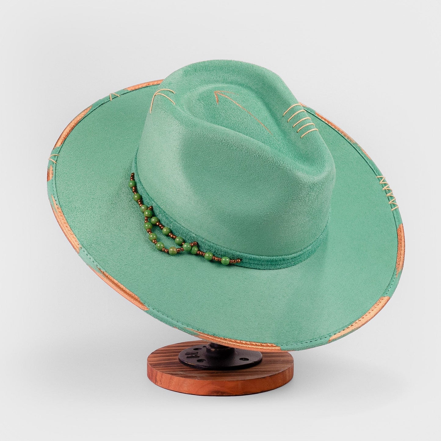 Aukala Hat Handcrafted Boho Itzel Hat – Green Suede Fedora with Gold Arrow & Beaded Accents