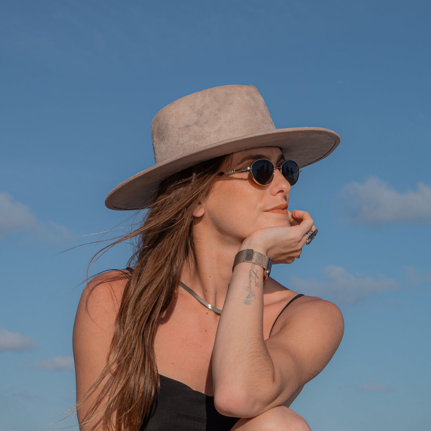 Aukala Hat Handcrafted Boho Wayra Hat – Taupe Suede Fedora with Golden Band & Stitching Details