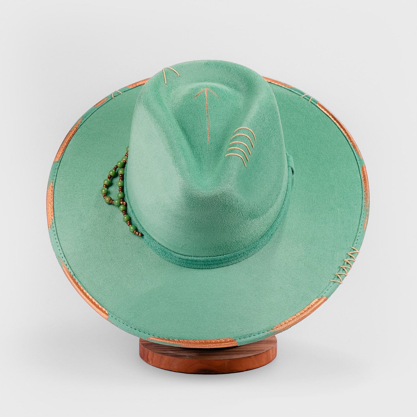 Aukala Hat M Handcrafted Boho Itzel Hat – Green Suede Fedora with Gold Arrow & Beaded Accents