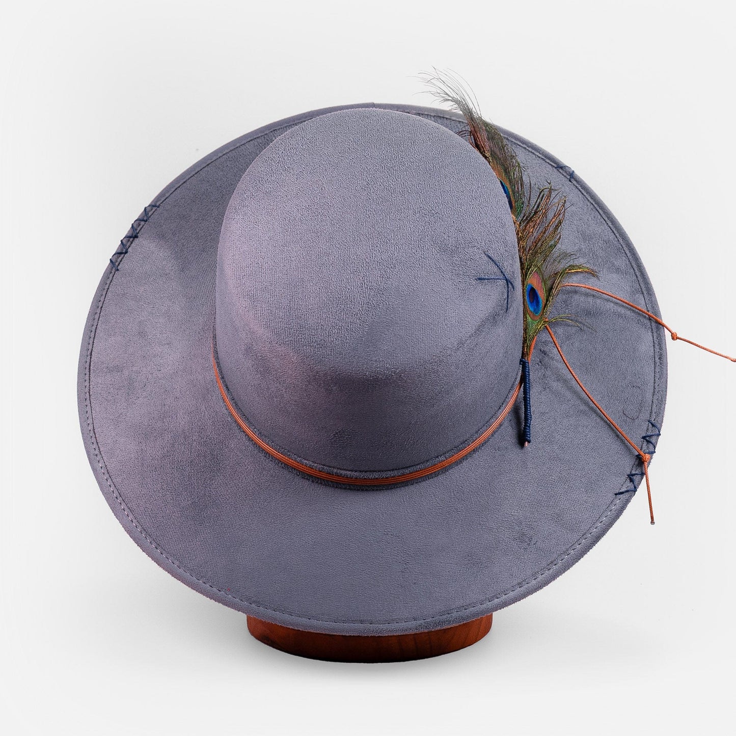 Aukala Hat M / Peacock Handcrafted Boho Itzel Denim Hat – Charcoal Grey Suede Fedora with Leather Band & Feather Accent